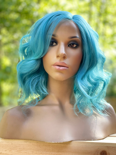 Human Hair Blend Wig Blue Bob Short Wavy 12" Lace Front