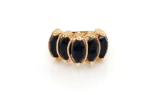 14K Yellow Gold Five Black Onyx Marquise Shape Stone Step Ring