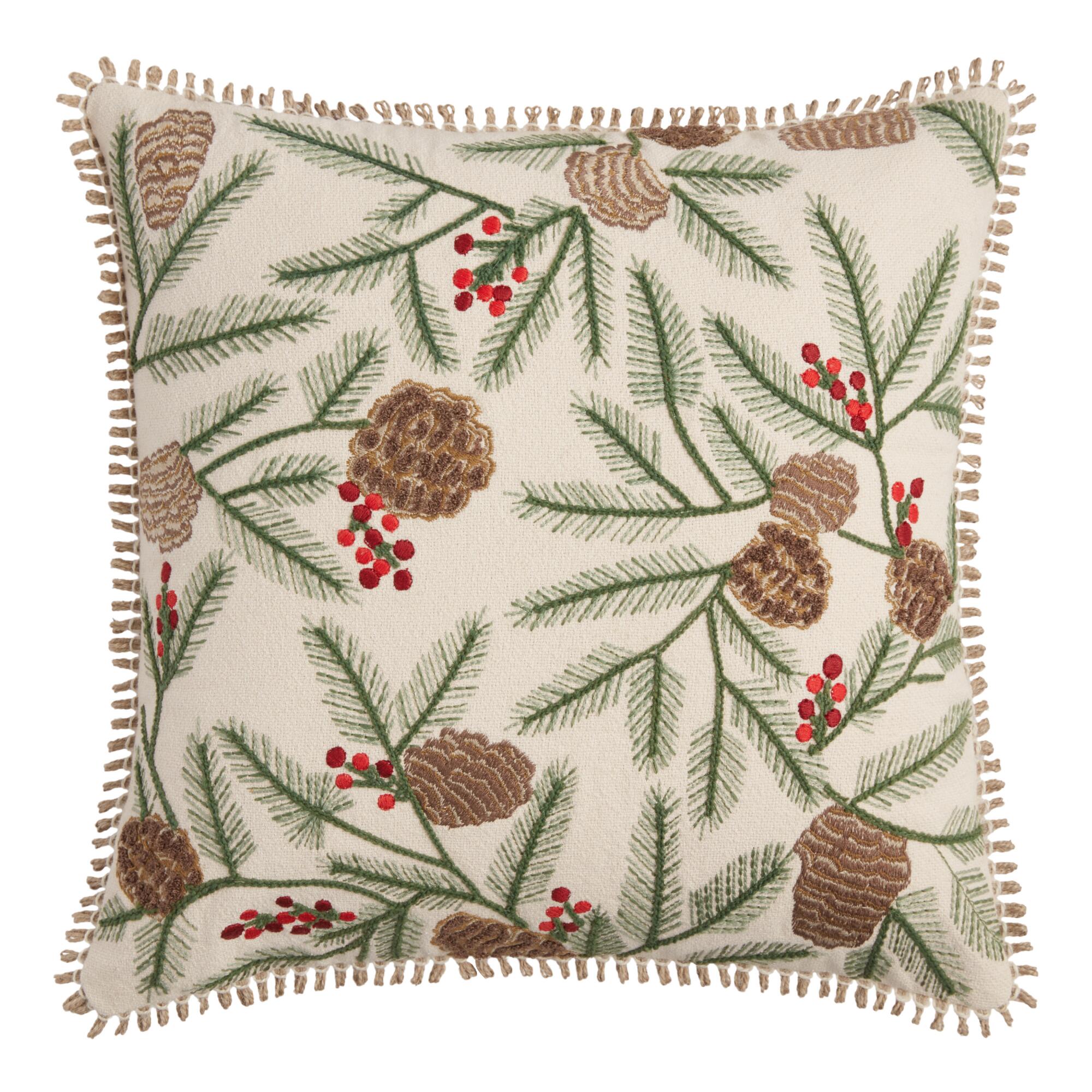 Pier Place Pinecones and Leaves Embroidered Throw Pillow: Multi - Cotton - 18" Square by World Market