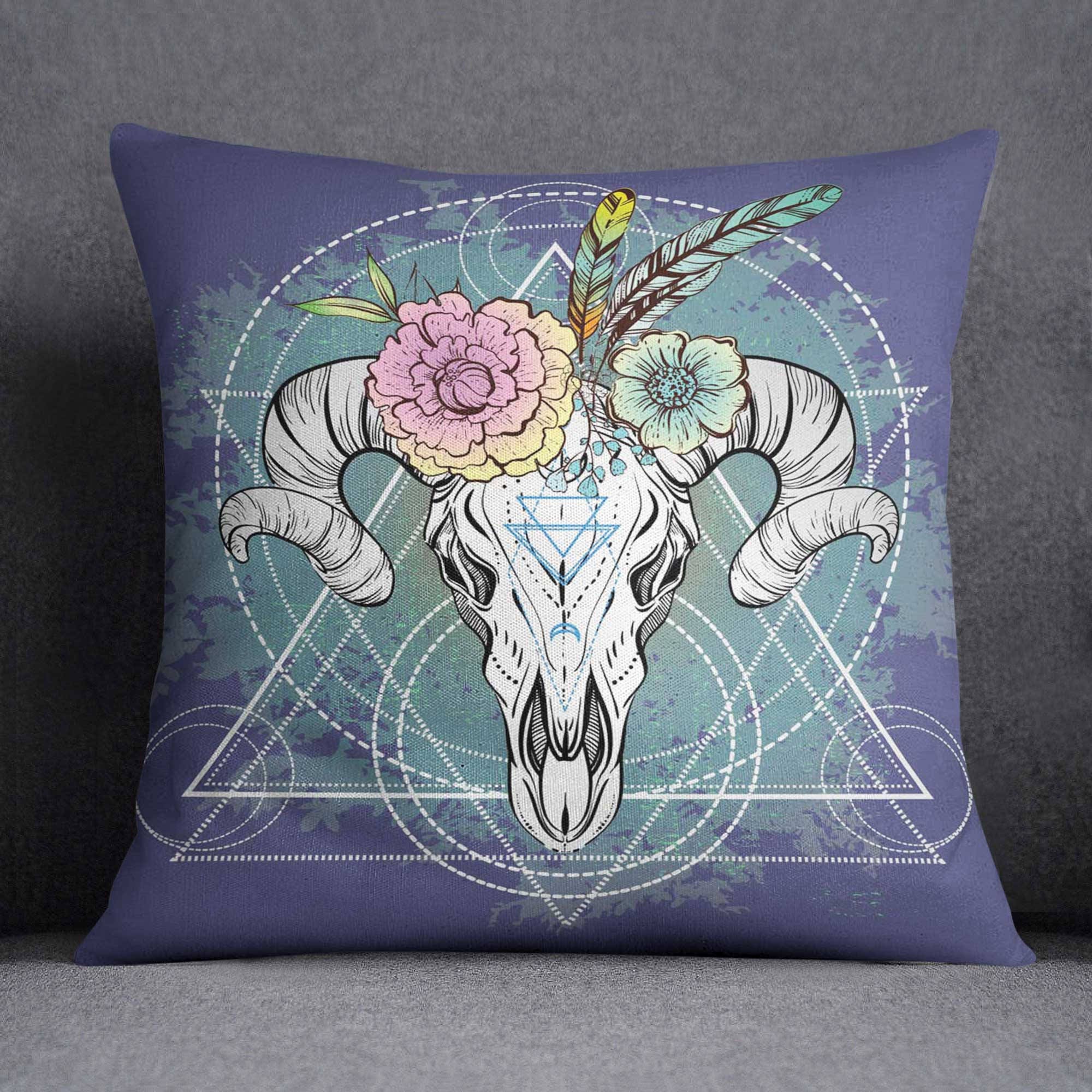 Rams Skull Pillow Covers, Hippie Sofa Cushions, Two Boho Pillow Cases, Flowers Cushion Feathers Art Decor, One Pair Dream Pillows