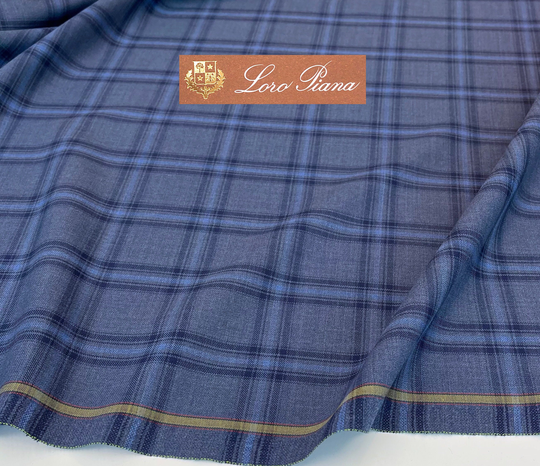 Loro Piana Plaid Fabric, Navy Wool Linen Silk Blend Suiting, Blue Tartan Check, Made in Italy, For Dress, Jacket, Vest, By 2.40 Meter