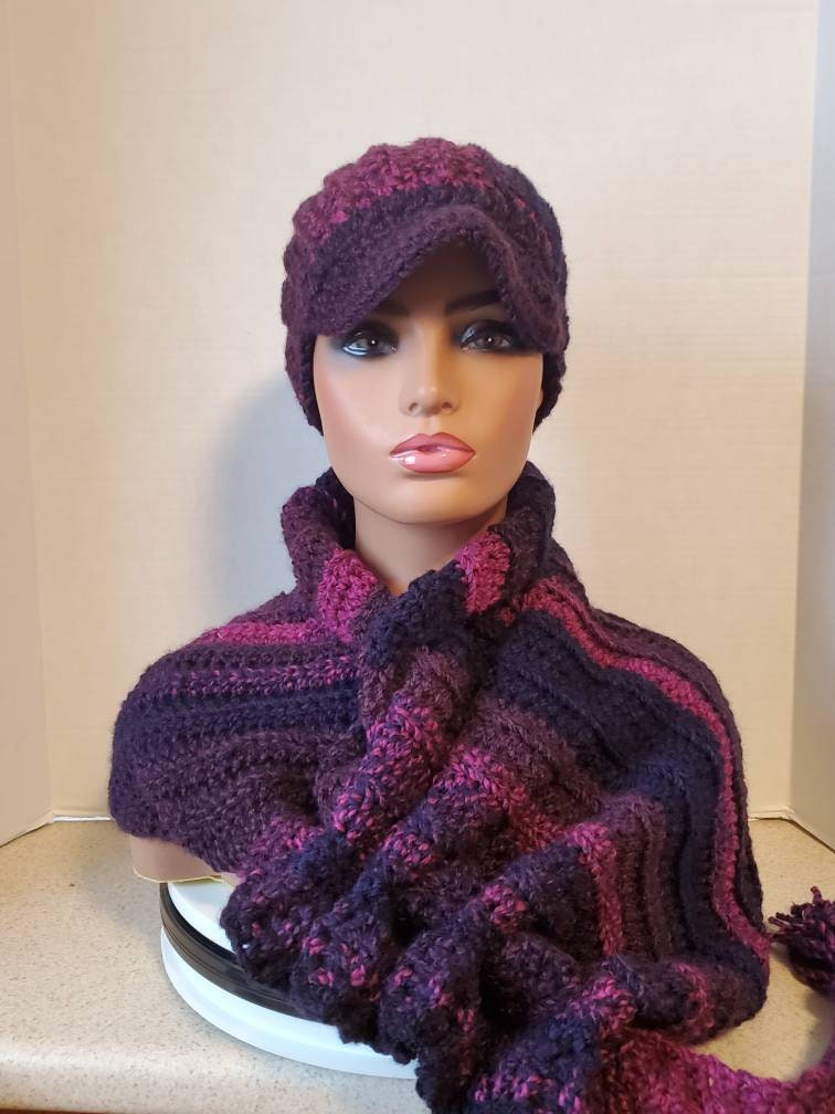Purple & Navy Blend Hat Scarf Crocheted With Keyhole - Ready To Ship