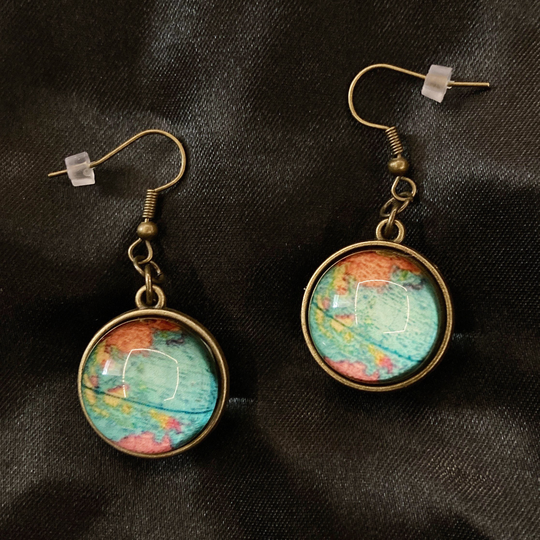 Globe Earrings, Jewelry, Map Earring, Planet World Bronze Earrings