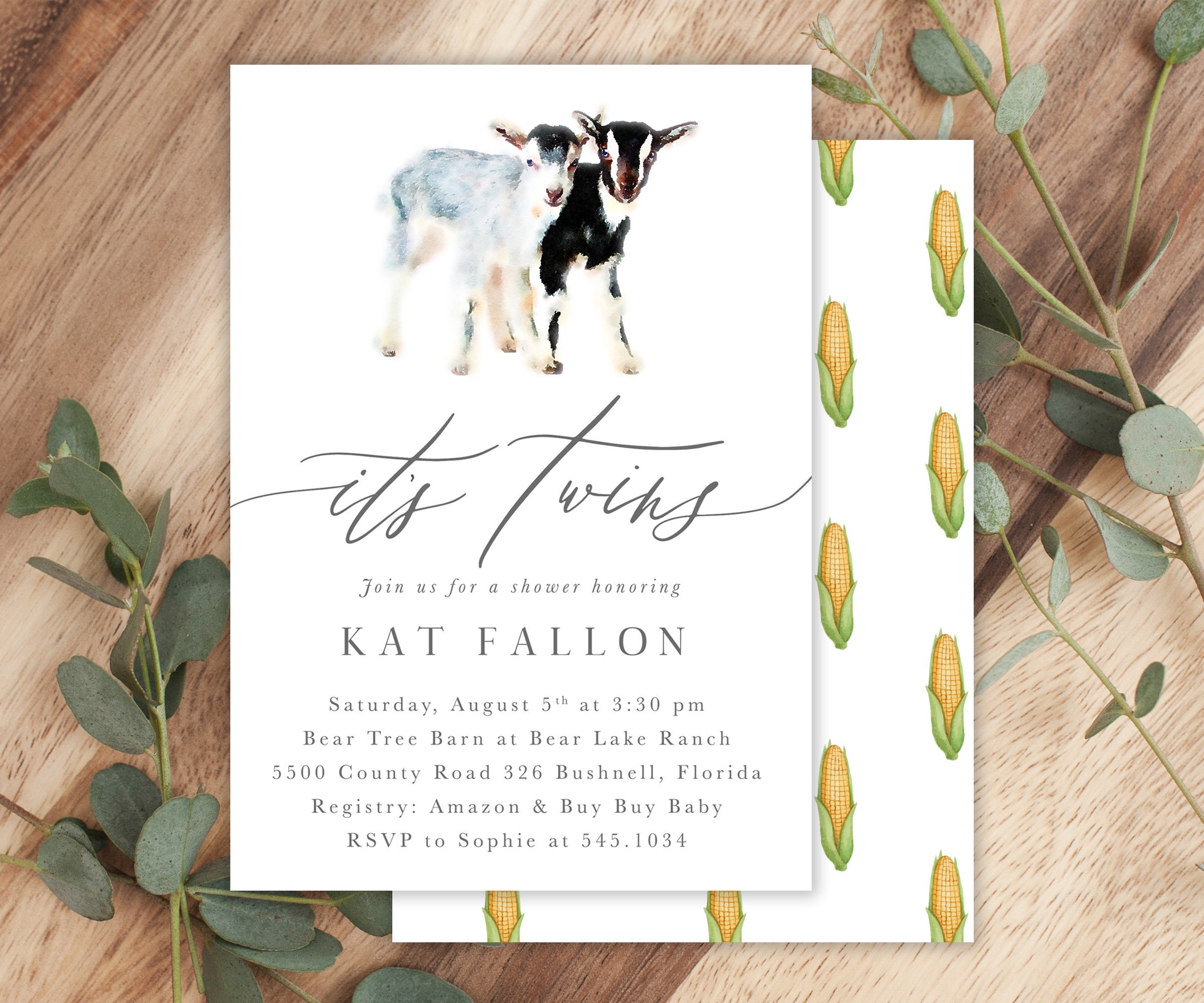 Twins Baby Shower Invitation, Modern Farm Gender Neutral Invite, Goats - Charlie