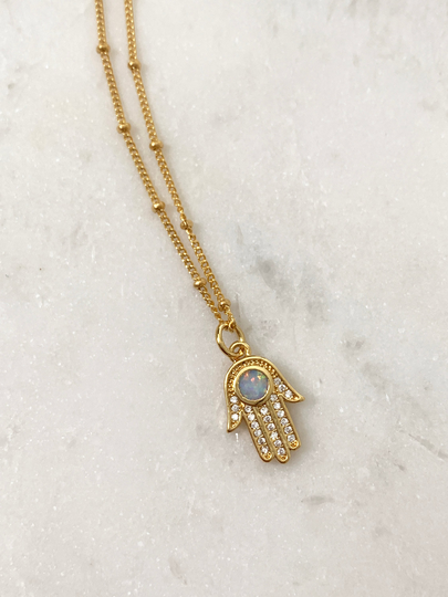 14K Gold Filled Hamsa Opal Necklace | The Hand Of Fatima Dainty Protection Satellite Chain