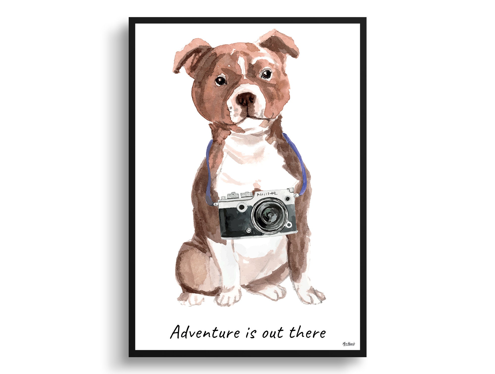 Adventure Is Out There Staffordshire Bull Terrier Dog Print Illustration. Framed & Un-Framed Wall Art Options. Personalised Name