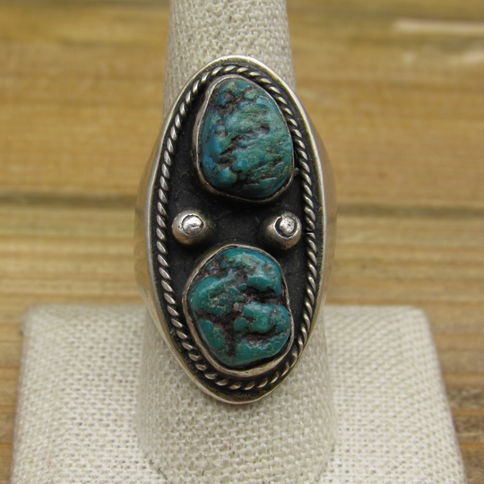 Vintage Oxidized Sterling Silver & Two Nugget Turquoise Men's Ring Size 9