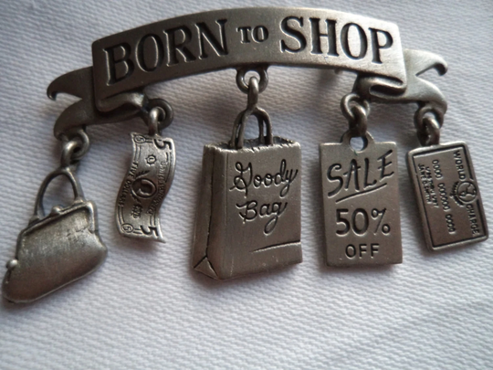 Vintage Signed Jj Silver Pewter Born To Shop Dangler Brooch/Pin