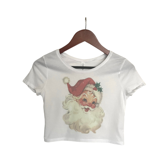 Christmas Crop Top, Vintage Santa Retro Faded Casual Distressed White Boho Festival Outfits