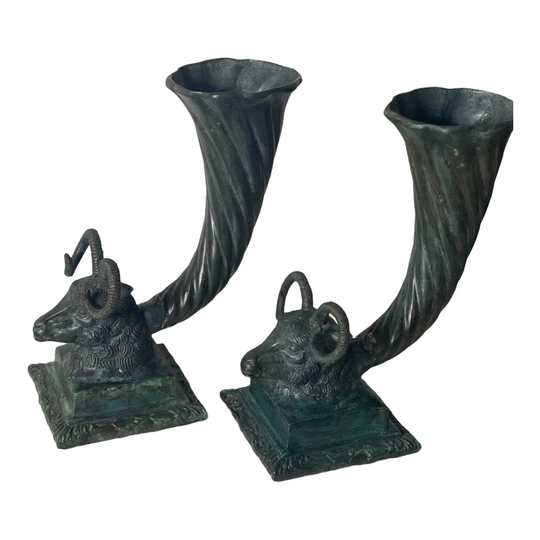 Vintage Ram's Head Cornucopia Vases, Neoclassical, Mantle Decor Ideas, Classic Fireplace Decor, Housewarming Gift, Heavy Bronze