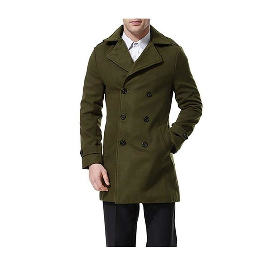 Men's Trenchcoat Double Breasted Overcoat Pea Coat Classic Wool Blend Slim Fit - Army Green, XL
