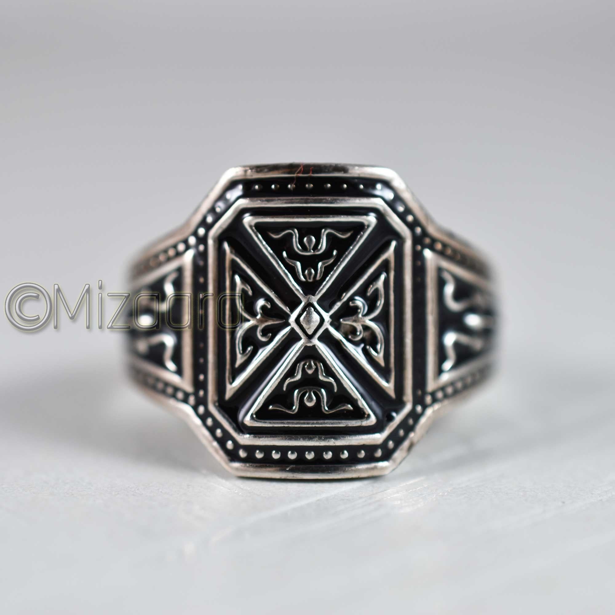 Islamic Silver Ring 925 Sterling Middle Eastern Enameled Men's Enamel Mandala Man Celtic Design Jewelry