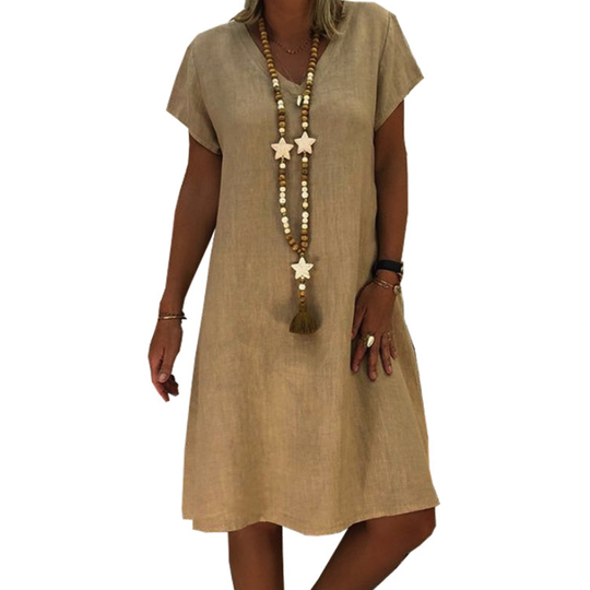 2022 Solid color short sleeve V-neck A-Slim dress cotton blend - Khaki, XL - xl beige