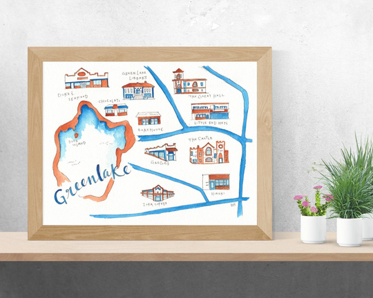 Greenlake Seattle Wa Neighborhood Map - 8x10" Print Of Original Watercolor Painting
