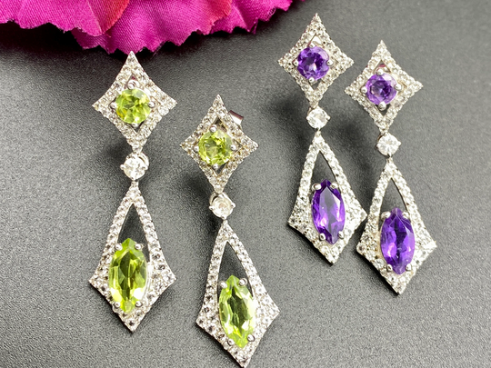 Diamond Shape Dangle Stud Amethyst & Peridot Sterling Silver Earrings For Women, Green Earrings, Purple