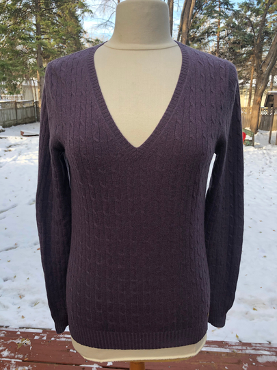 Purple Wool Blend Sweater Cable Knit Pullover V-Neck Dark Indigo Winter Soft Warm Lightweight