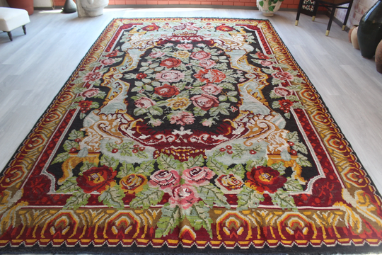 7'4"x12'1" Kilim, Karabagh Kilim Rug, Large Floral Kilim, Ethnic Bohemian Area/N-584