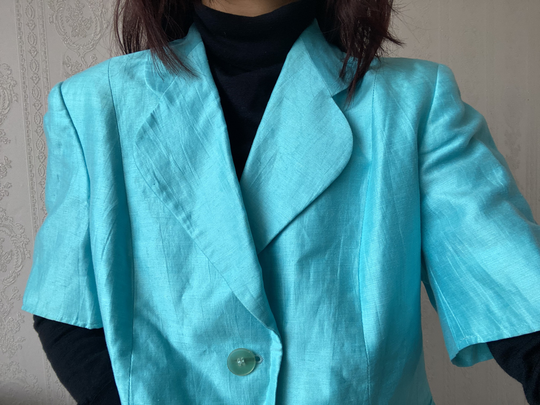 Vintage Sky Blue Linen Blend Short Sleeve Blazer/ Jacket/ L - Petite Xl