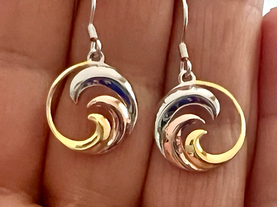 sterling Silver Tricolor Wave Earrings, Jewelry, Gold Made in Hawaii, Na Apo Pepeiao Gula Nani