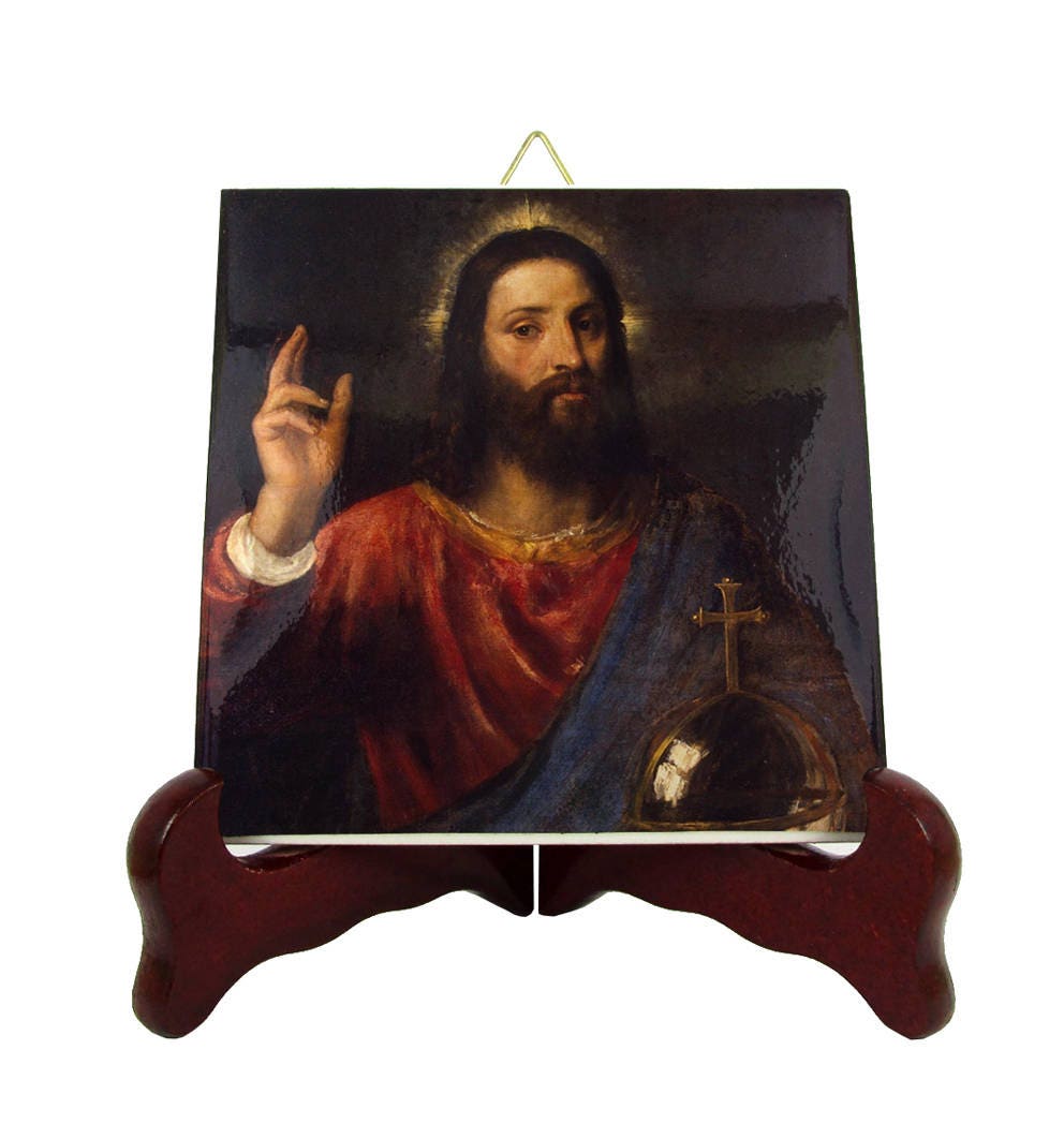Christian Gifts - Christ Blessing Christian Icon On Tile Handmade in Italy Titian Jesus Icons Catholic Gift Ideas