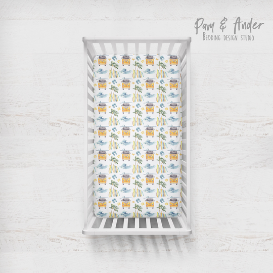 Surf Crib Fitted Sheet, Surfer Baby Room, Personalized Beach Nursery, Surfing Bedding