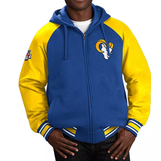 Men's G-III Sports by Carl Banks Royal Los Angeles Rams Defender Raglan Full-Zip Hoodie Varsity Jacket, Size: Large, Blue
