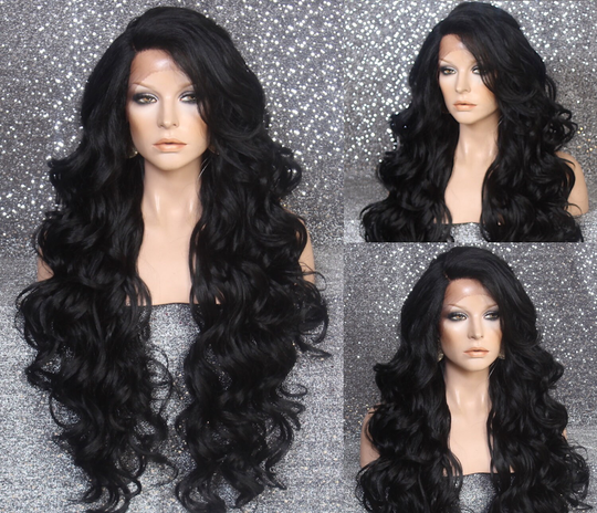 Extra Long Human Hair Blend Lace Front Wig 38" Curly Black Heat Safe Cancer/Alopecia/Theater/Cosplay/Club