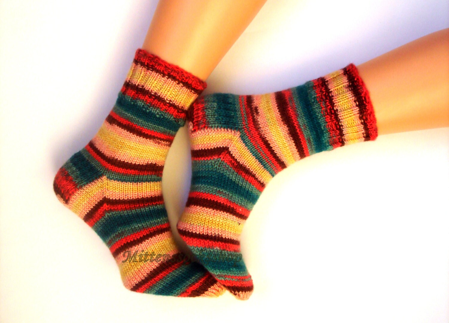 Hand Knitted Socks Yellow Green Women's Girl's Striped Men's Warm Winter Wool
