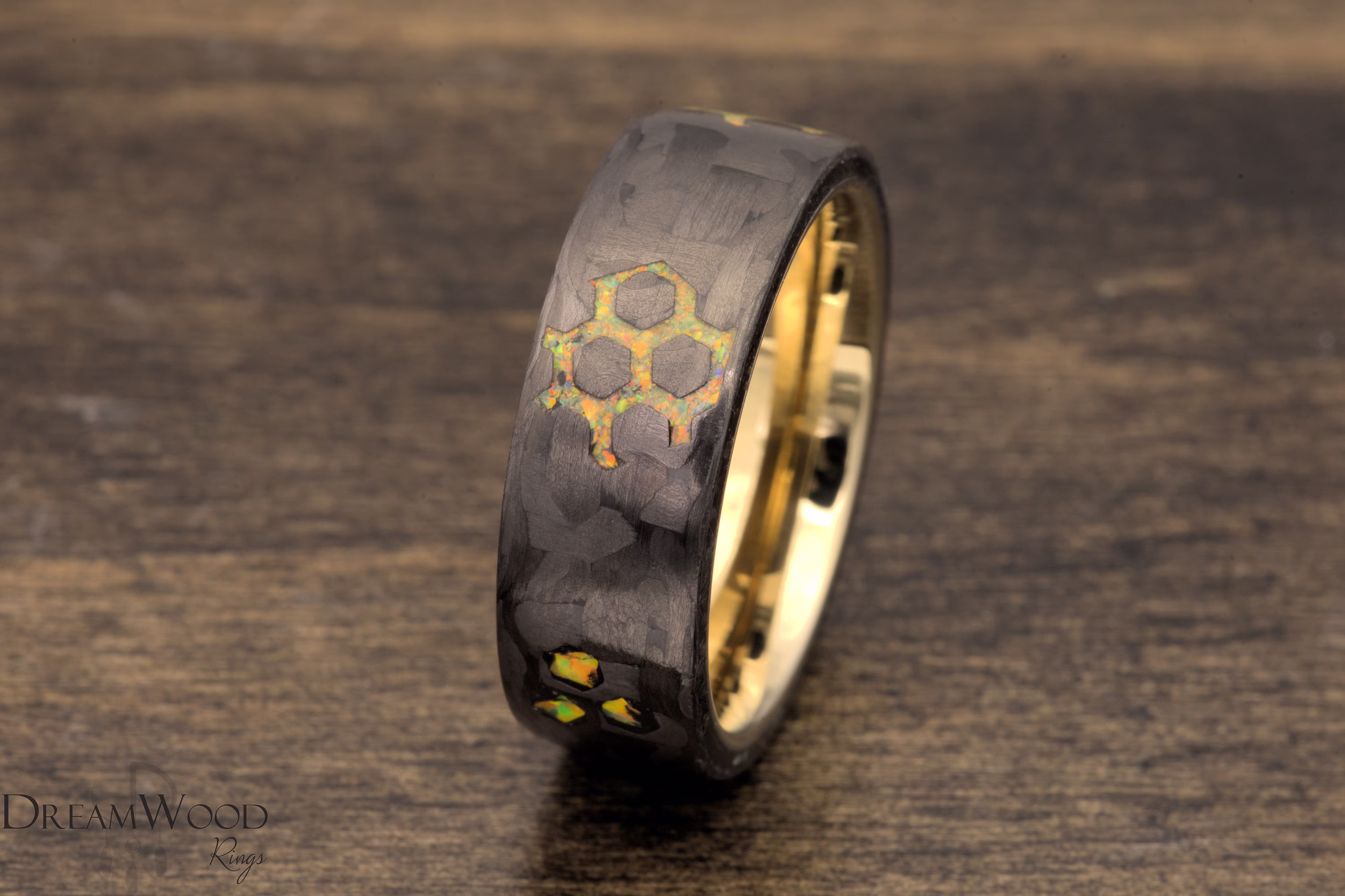 Tungsten & Carbon Fiber | Honeycomb Scattered Design Gold Opal