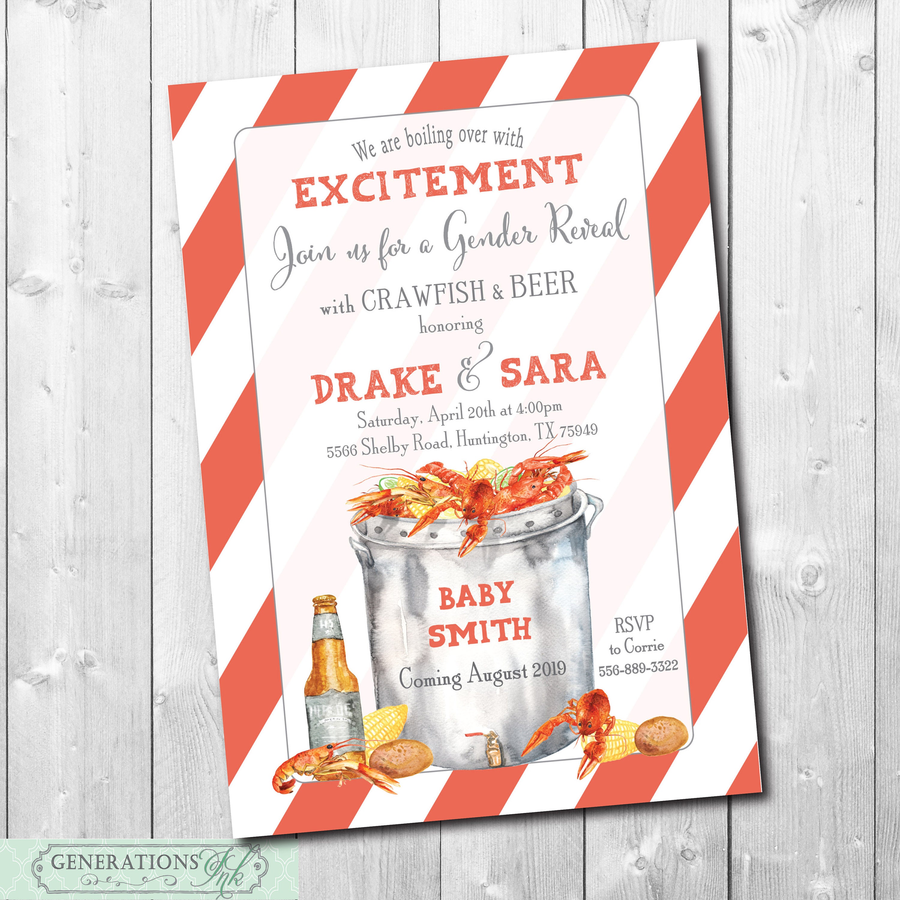 Gender Reveal Invitation, Crawfish Boil, Seafood Couples, Shrimp Low Country & Beer/Wording Can Be Changed