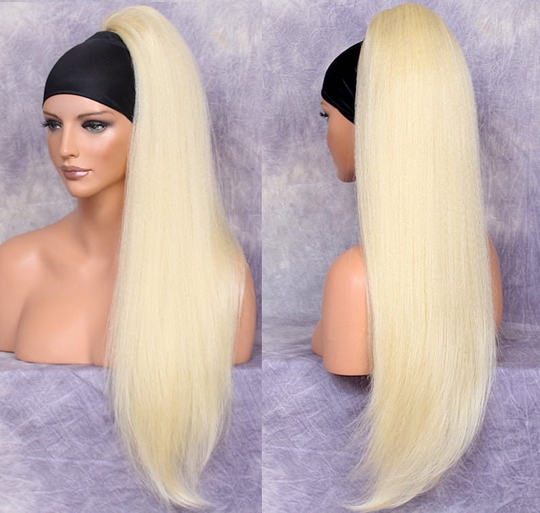 Blonde Extra Long 28" Human Hair Blend Textured Straight Heat Safe Ponytail Extension W. Drawstring Cancer Alopecia Theater Cosplay