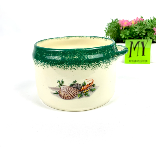 Vintage Ivy Hills Farm Pottery Crock Pot One Handle Green Trim Scallop Shrimp Image Signed Gift Idea My40Yearcollection