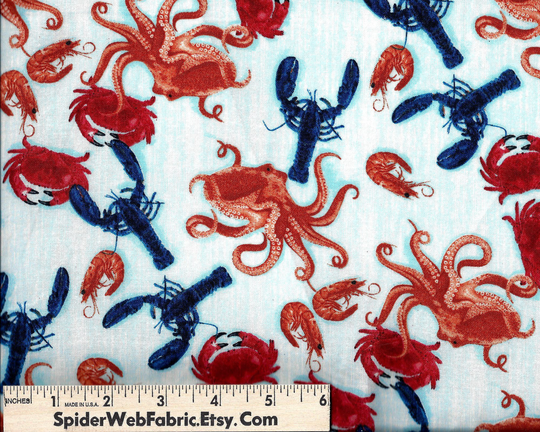 Seafood Delight Fabric - Lobsters Crabs Shrimp Squid Coastal Catch Ocean Cuisine Novelty Quilt Shop Quality 100% Cotton 1/2 Yard 18x44