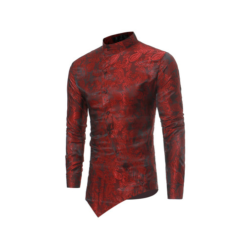 Men's Shirt Long Sleeves Printed Turtleneck Cotton Blended With Dark PatternAsymmertric Length Hip Hop Causual Homme Clothing - burgundy, l - red