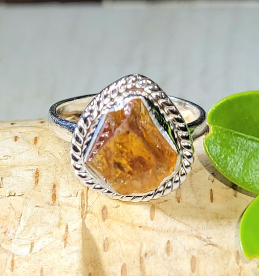 Natural Golden Orange Raw Rough Cut Citrine Handmade .925 Sterling Silver Ring Size 7 4 Grams 5/8" X 7/16" Cb21