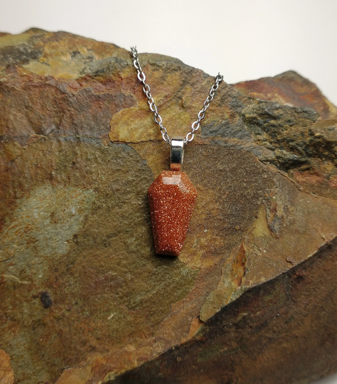 Goldstone Coffin Necklace, Stainless Steel Chain, Goth Necklace