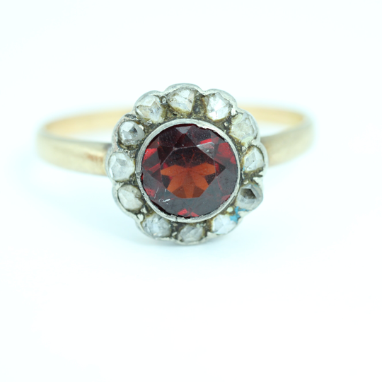 Antique Victorian Garnet Rose Cut Diamond Engagement Ring 18K Gold Size 8.5