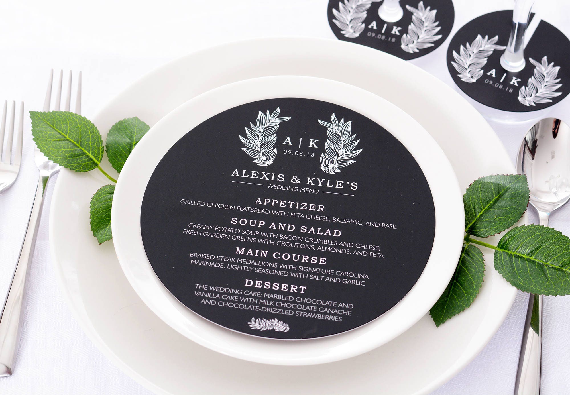 Round Wedding Menus - Plate Free Matching Wine Glass Tags 6.5 Personalized Menu Dinner #wdim-264