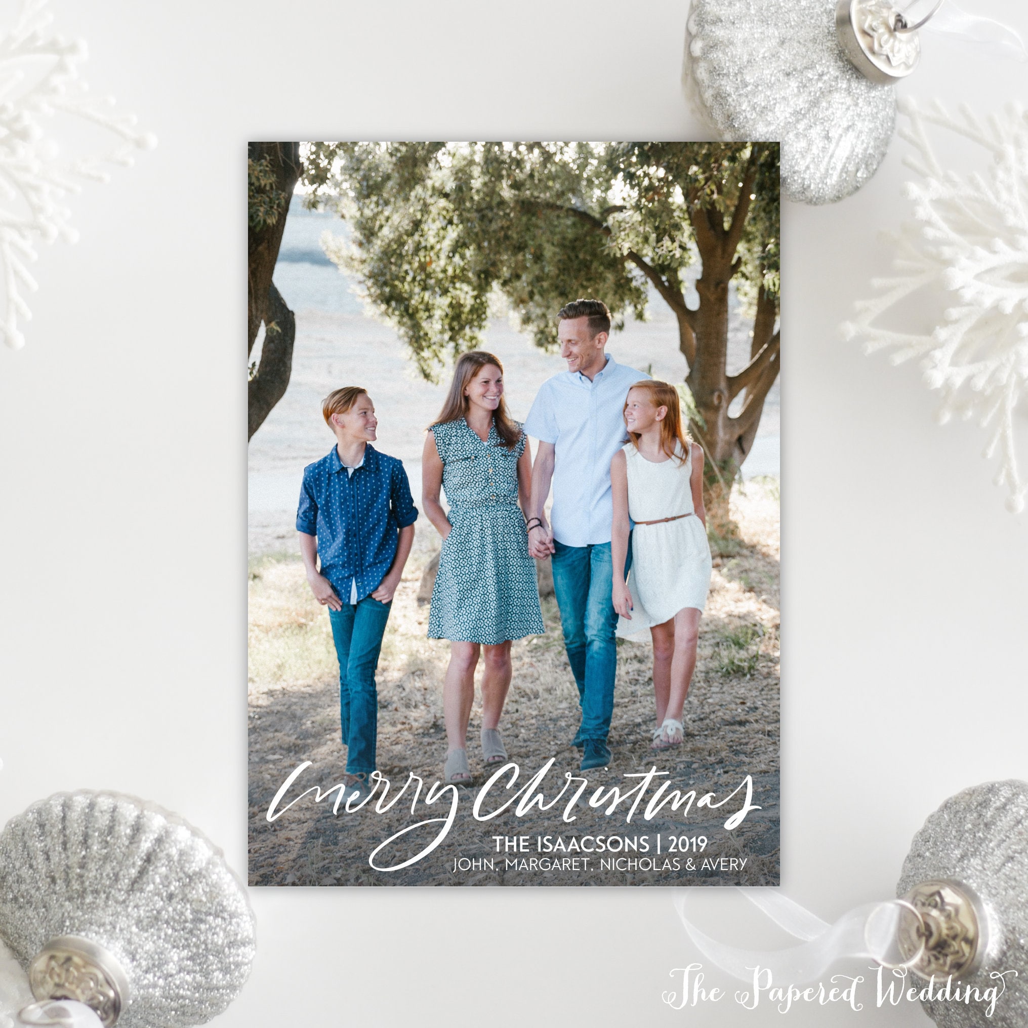 Printable Or Printed Photo Merry Christmas Cards - Portrait Picture With Casual Lettering in White 114 P1