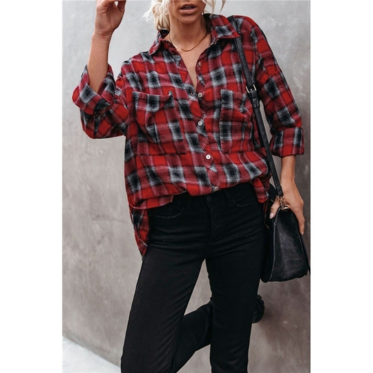 Red Cotton Blend Plaid Buttoned Shirt with Bust Pockets - Red, (US 16-18)XL