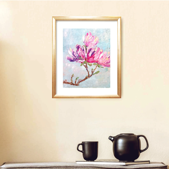Magnolia Painting Original Blooming Spring Floral Handmade White & Pink Flowers Wall Art
