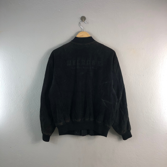 Vintage Mens Melrose Script Casual Japanese Brand Suede Leather Varsity Menswear Stylish Outfits Bombers Windbreaker Jacket Black Large