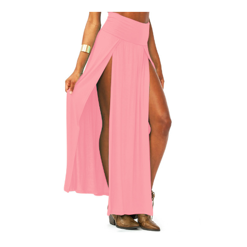 Women Cotton Blend Sexy Trends Double Slits Open Rayon Knit Long Maxi Skirt - Pink