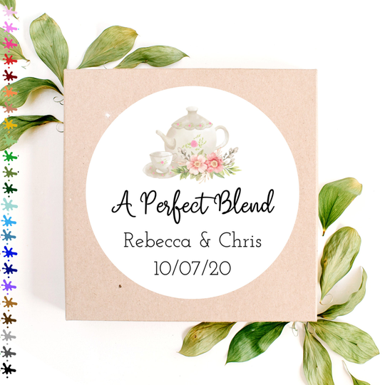 Tea Party Stickers, A Perfect Blend Bridal Shower Favor Sticker, Party, Bag Labels, Pink & Green Floral Pot