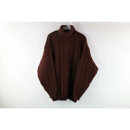 90S Streetwear Mens Large Wool Blend Chunky Knit Turtleneck Sweater, Blend Sweater