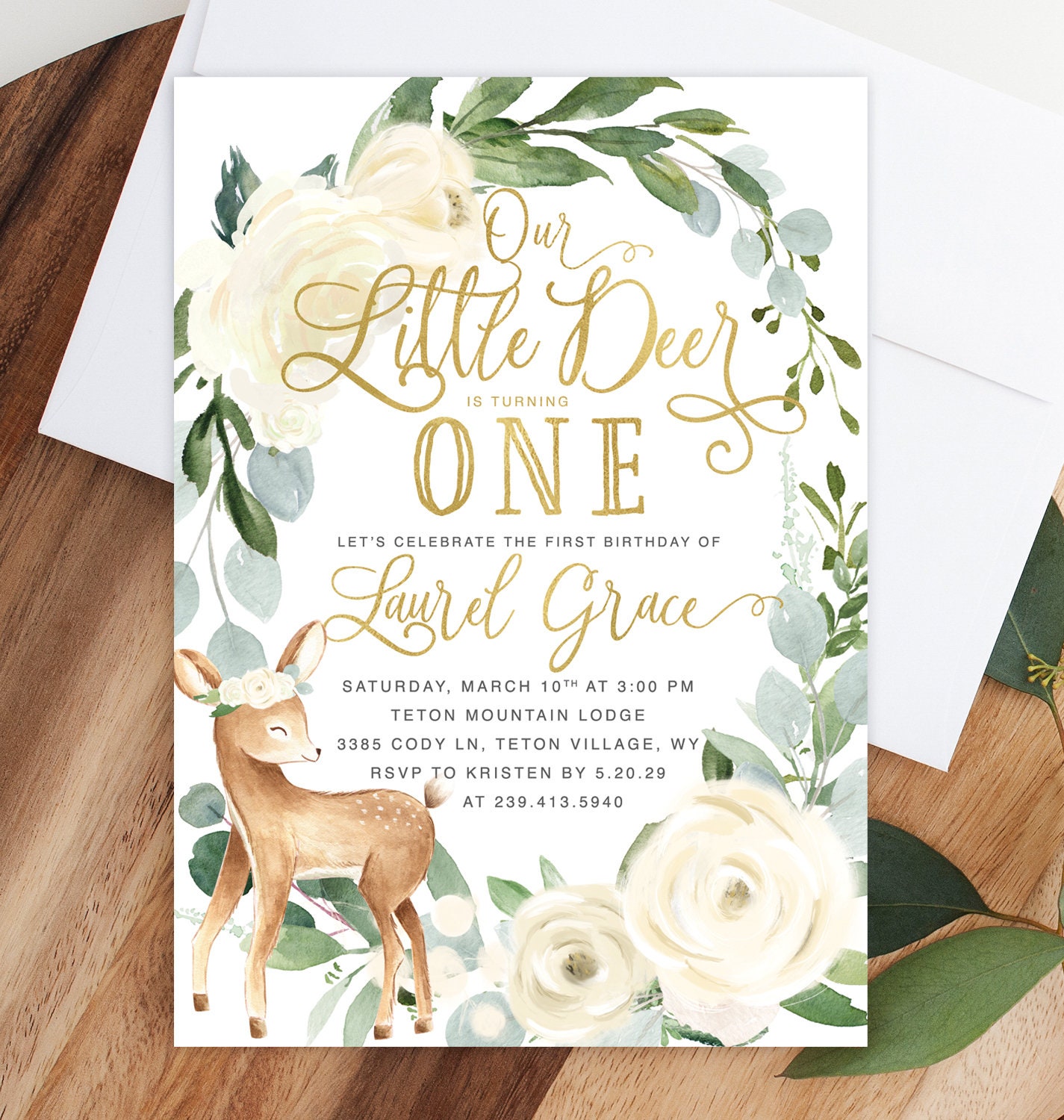 Deer Baby Birthday Invitation Girl, Little Invite, Girl Woodland Invite - White