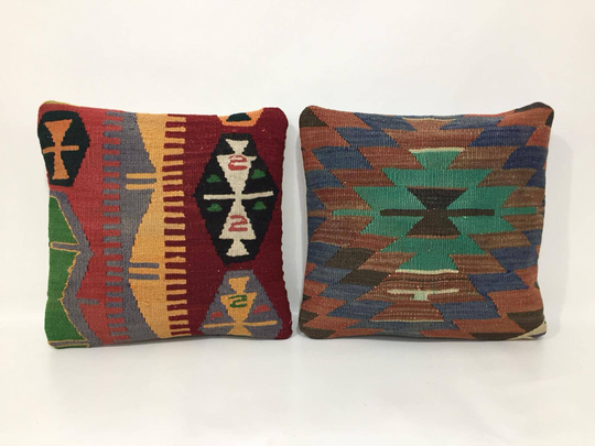Pair Pillow, Kilim Lumbar, Wool Pillow Cover, Handmade Set Of Two Pillows, Case, 16" X