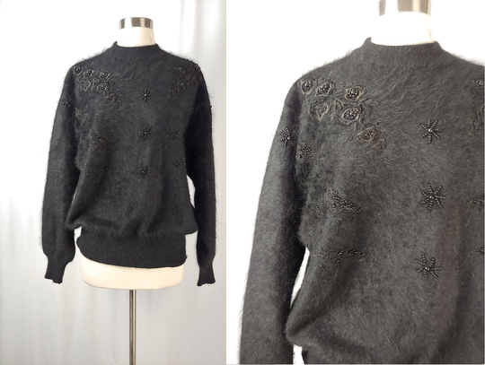 Vintage Eighties Black Angora Blend Hong Lee Embellished Sweater - 80S Large Fuzzy Dolmen Sleeve Pullover