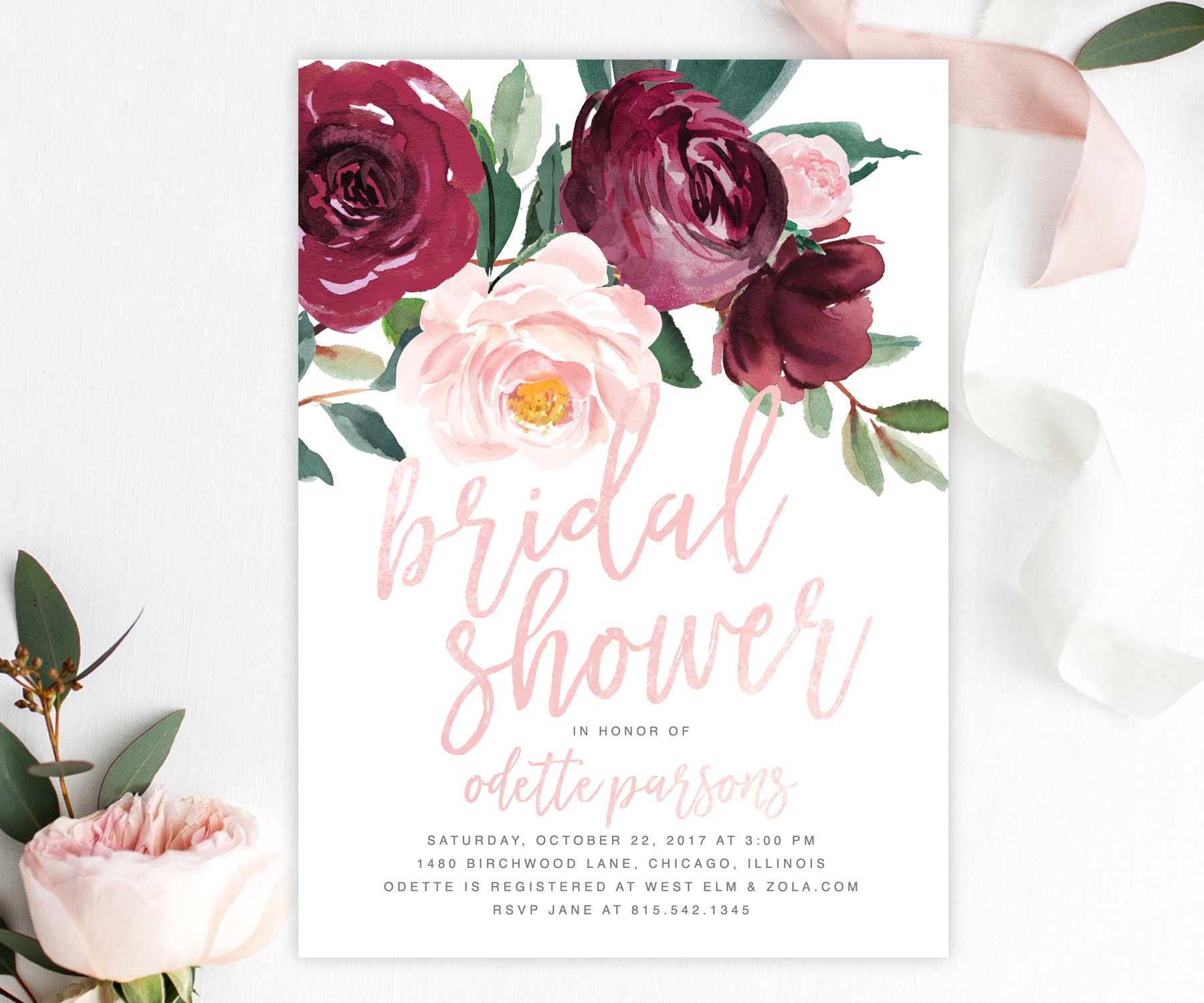 Bridal Shower Invitation, Marsala, Burgundy, Wine, Blush Pink Rose Florals, Greenery Invite - Printed Printable Pi-O, Odette