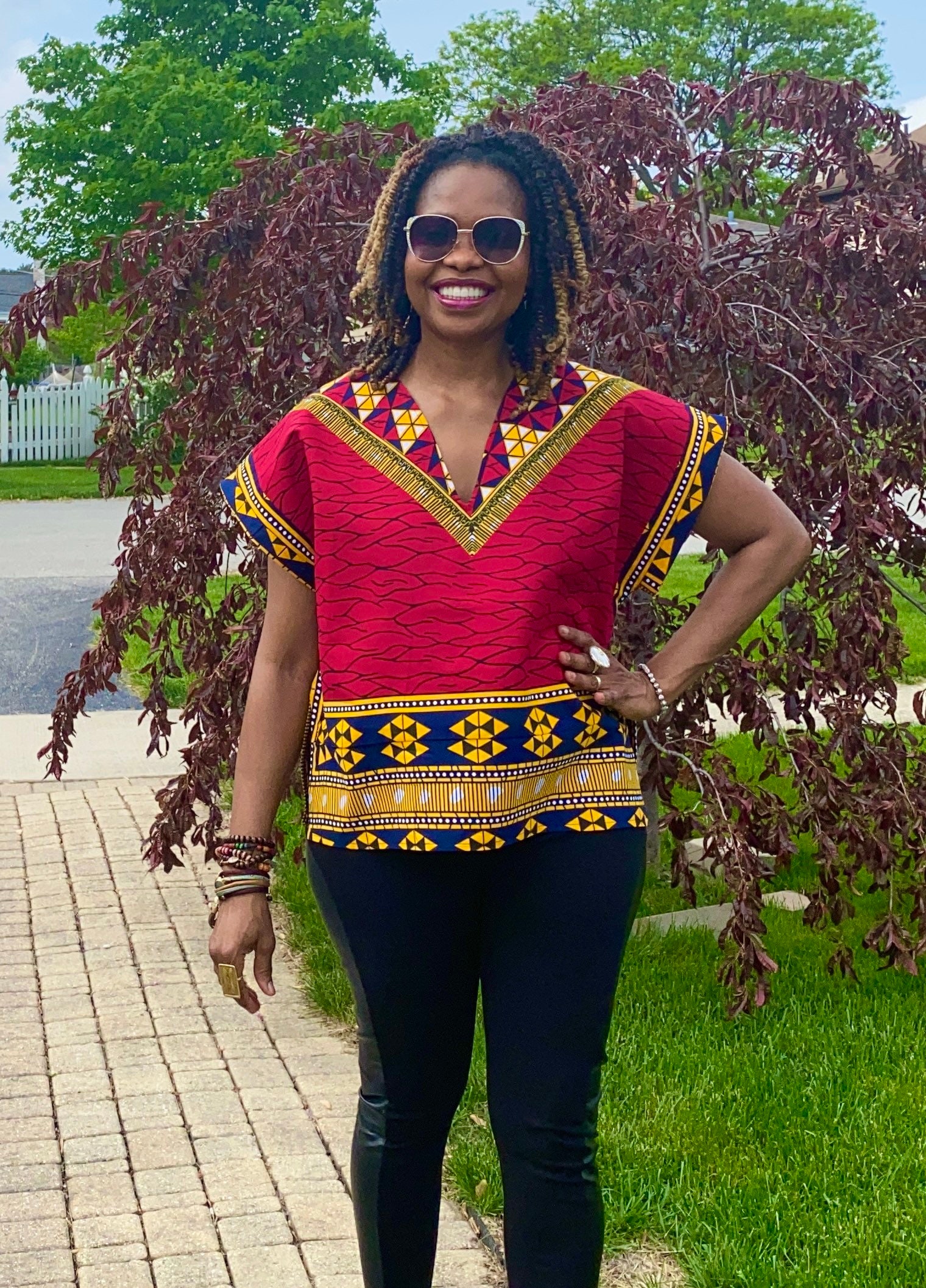African Tops For Women Clothing Red Cotton Blouses Short Ankara V Neck Blouse Summer Ruby Top